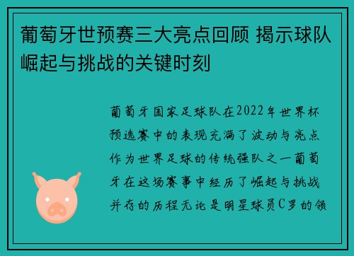 葡萄牙世预赛三大亮点回顾 揭示球队崛起与挑战的关键时刻